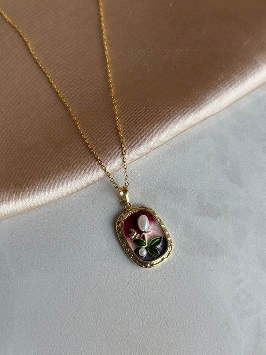 İnci Bordo Flora Kolye