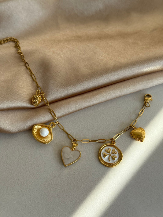 İnci Yonca Kalp Charm Bileklik