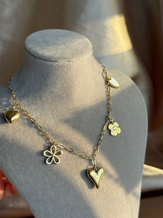 Çelik Kalp Çiçek Charm Kolye