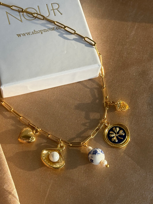 Mavi Çiçek Porselen İnci Kolye