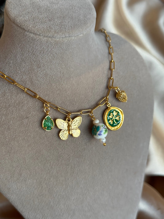 Yeşil Çiçek Porselen İnci Kolye