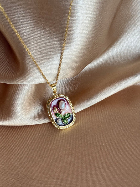 İnci Bordo Flora Kolye