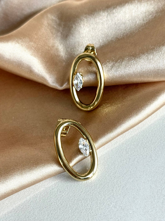 Oval Büyük Taşlı Küpe 14 Ayar Serisi