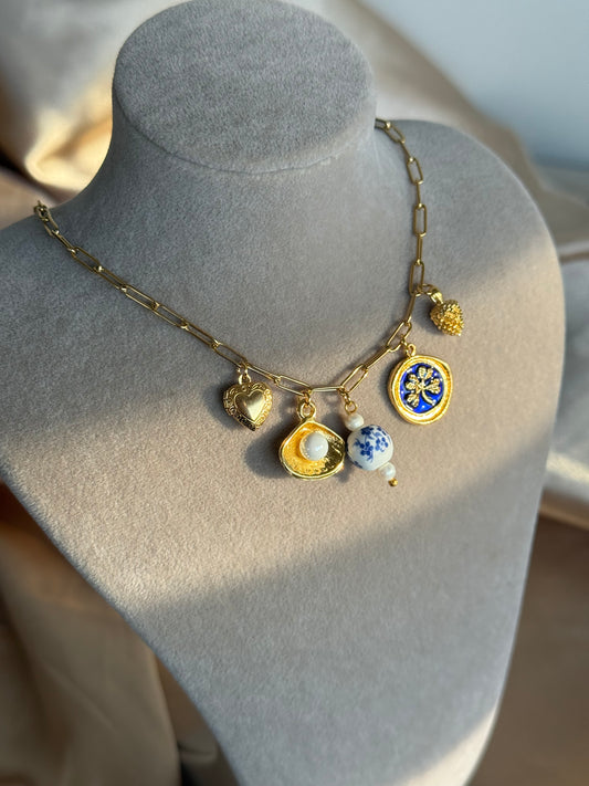 Mavi Çiçek Porselen İnci Kolye