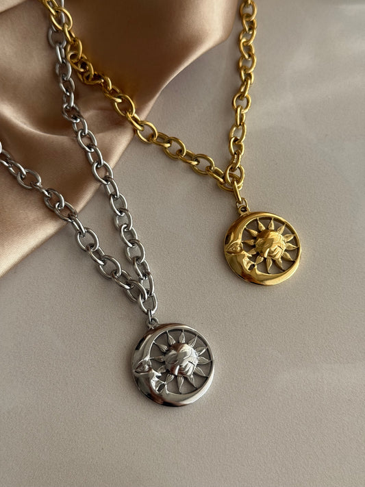 Çelik Büyük Güneş Ay Kolye