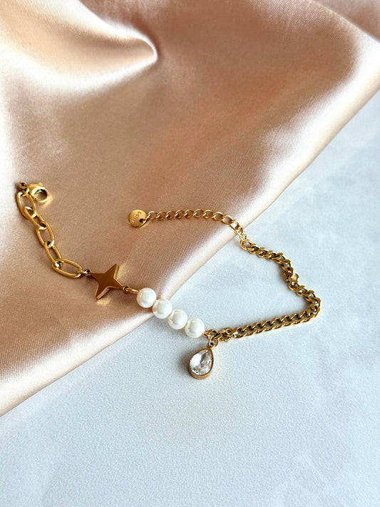 Çelik İncili Yıldız Taşlı Bileklik