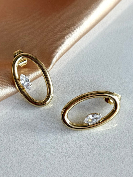 Oval Büyük Taşlı Küpe 14 Ayar Serisi