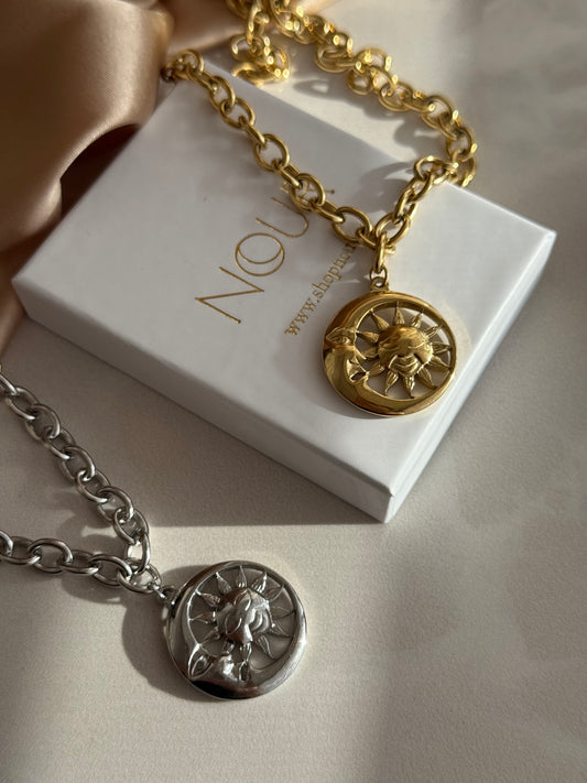 Çelik Büyük Güneş Ay Kolye