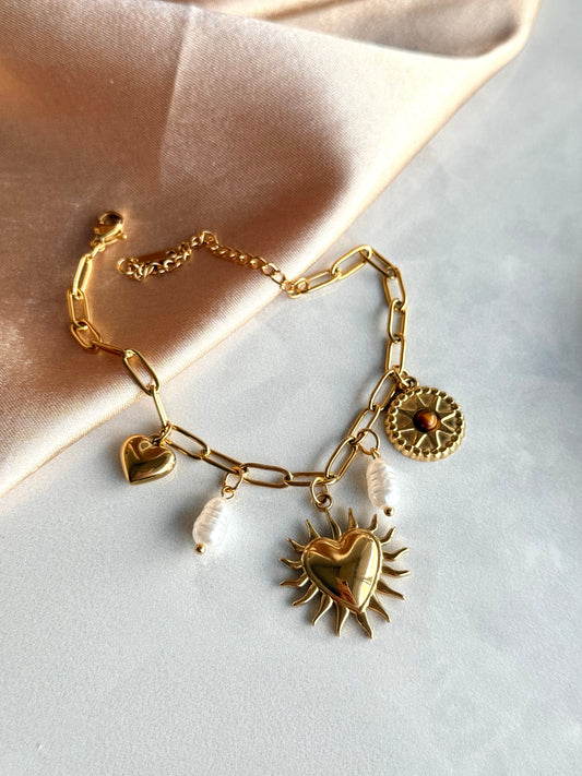 Çelik Kalp İnci Charm Bileklik