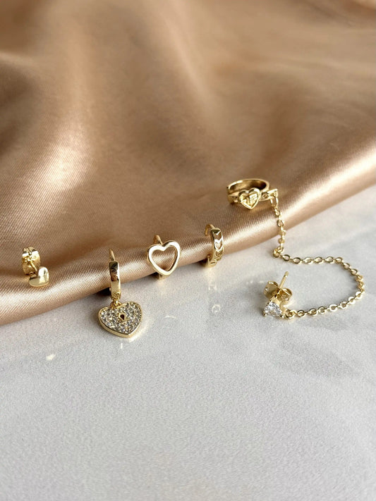 Zincirli Kalp 6'lı Set Küpe 14 Ayar Serisi