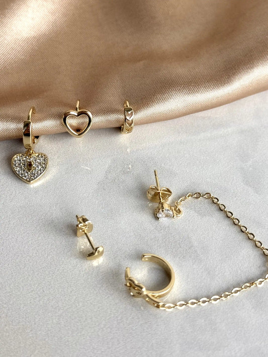 Zincirli Kalp 6'lı Set Küpe 14 Ayar Serisi