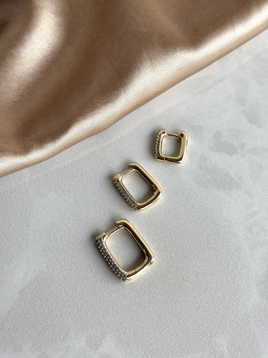 Dörtgen Taşlı Halka Küpe (3 Boy) 14 Ayar Serisi