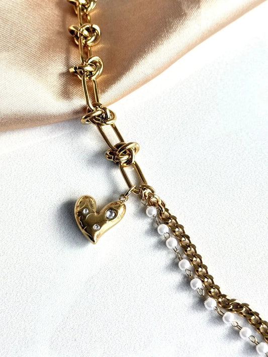 Çelik Kalp İnci İkili Bileklik