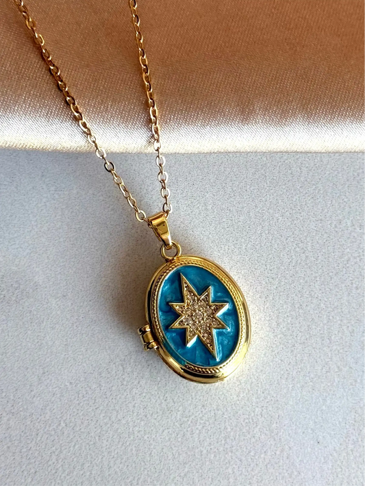 Mavi Kuzey Yıldızı Madalyon Kolye